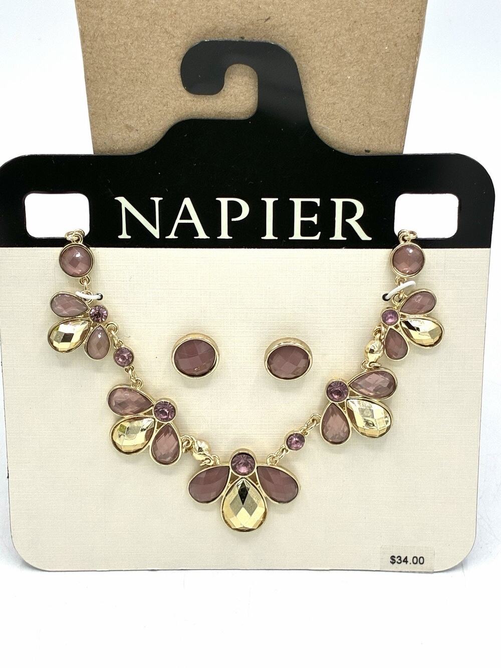 Napier Necklace Earrings Set Purple Gold Tone Statement Jewelry NOS $34